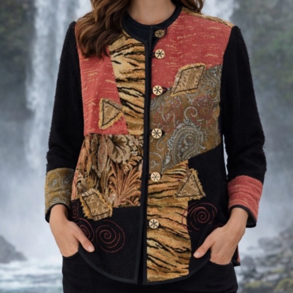 Alex Kim Jacket Women’s Small Brown Patchwork Embroidered Button Front Blazer